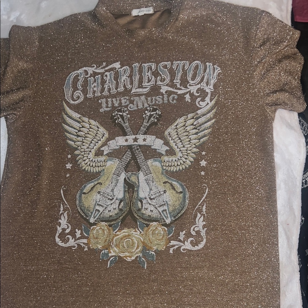 Brown Graphic Tee with Guitar and Wing Design
